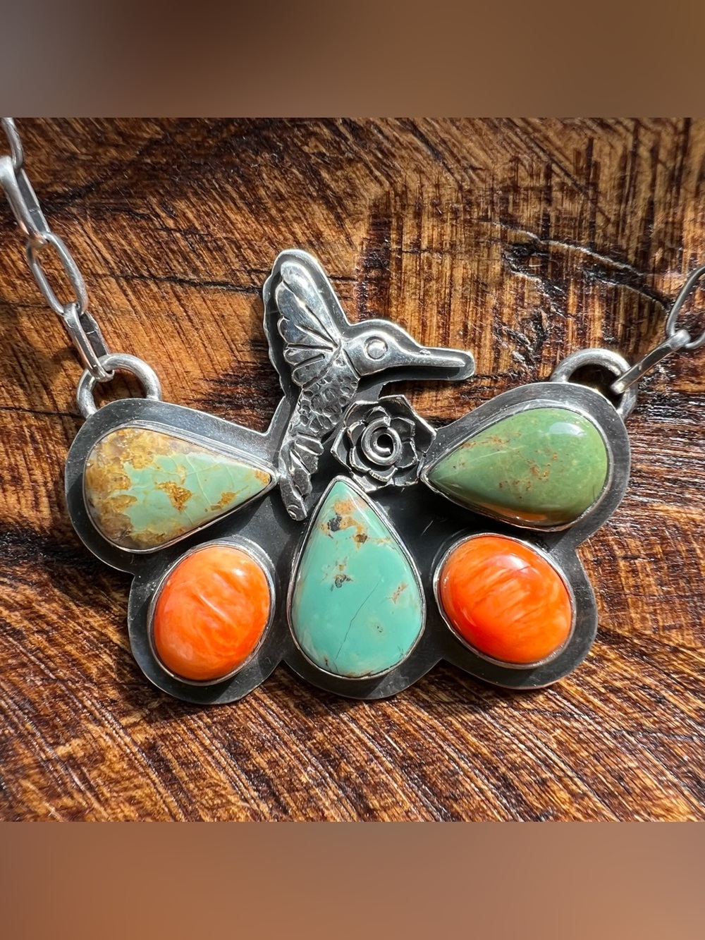 Sterling Kingman Turquoise Spiny Oyster Butterfly Hummingbird Necklace